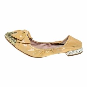 Miu Miu Bow Ballet Flats Nude Patent Leather Gold Glitter Cap Toe EU 40 US 9